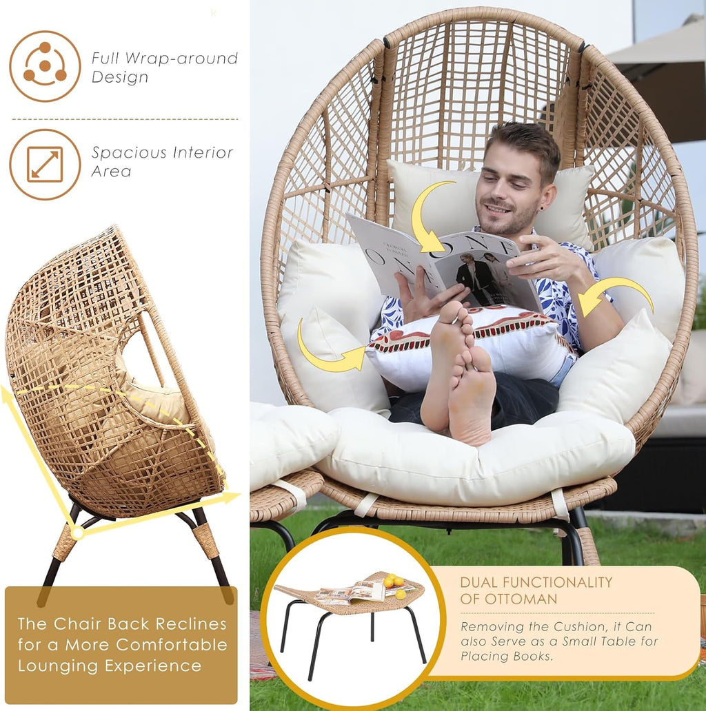 NICESOUL Wicker Egg Chair with Ottoman  Indoor Outdoor Egg Basket Lounge Chair w/Cushion  Oversized Egg Seat with Legs 440 Lbs  Comfy Cozy Boho Style Nest Chair w/Footrest for Patio  Balcony  Beige
