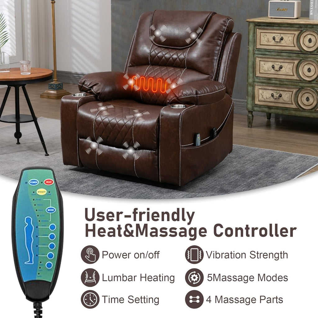 Oversized Power Lift Recliner Chair 400 LBS for Big and Tall Elderly, 26" Extra Wide Zero Gravity Electirc Recliner Chair with Massage and Heating, Leather Home Theater Seat, Brown