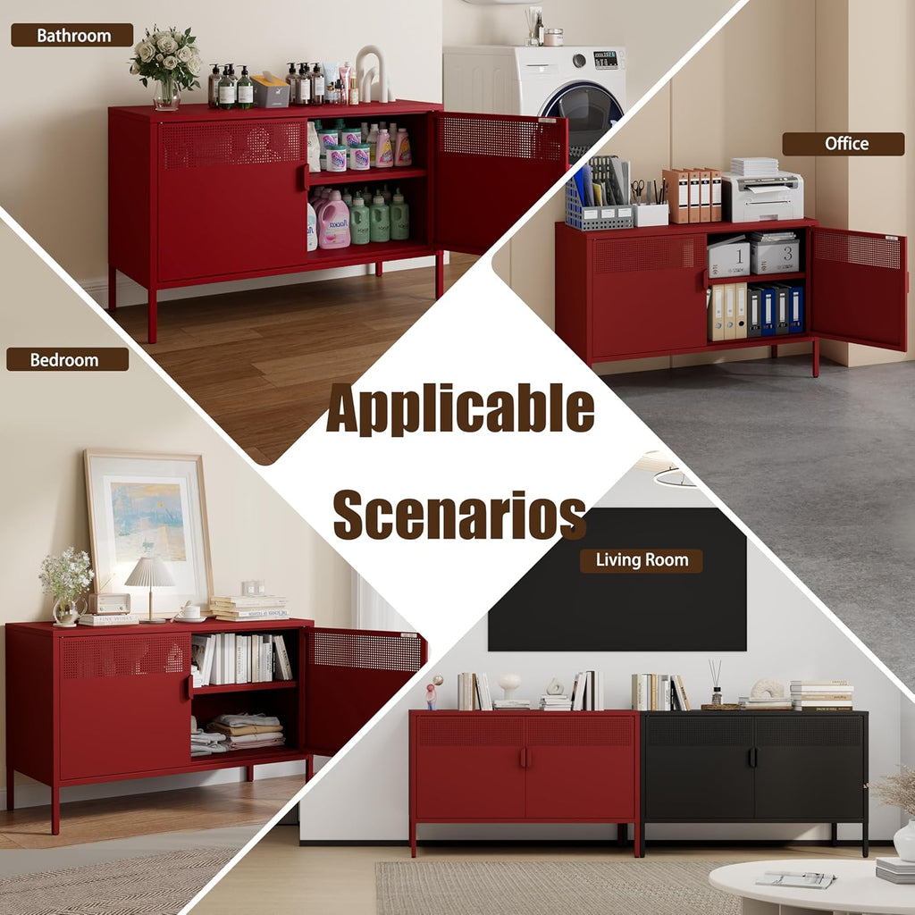 Metal Storage Cabinet with 2 Doors & Adjustable Shelves, 25" H Red Accent Cabinet, Metal Locker Storage Cabinets, Tv Stand Cabinet for Home, Office, Living Room, Entryway