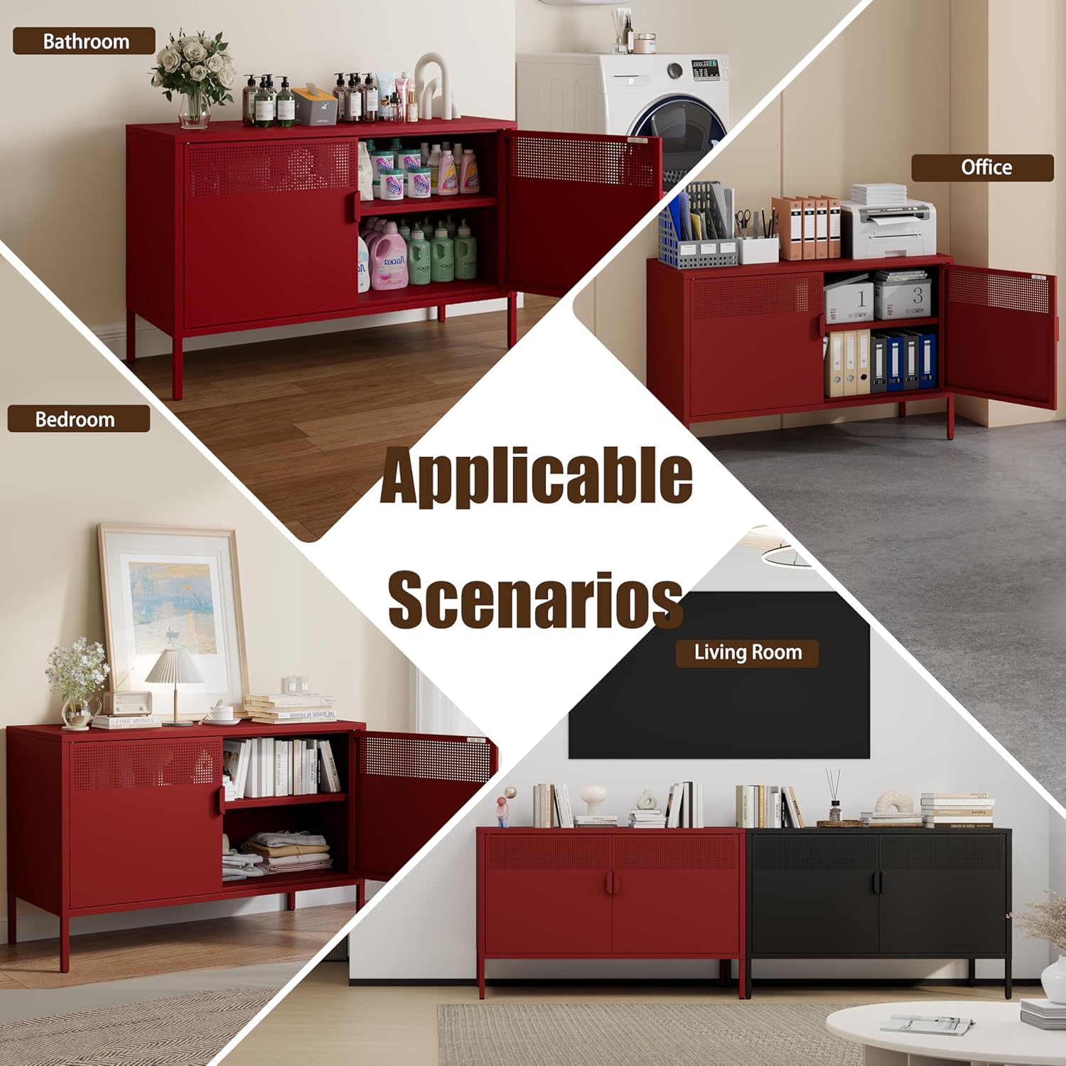 Metal Storage Cabinet with 2 Doors & Adjustable Shelves, 25" H Red Accent Cabinet, Metal Locker Storage Cabinets, Tv Stand Cabinet for Home, Office, Living Room, Entryway