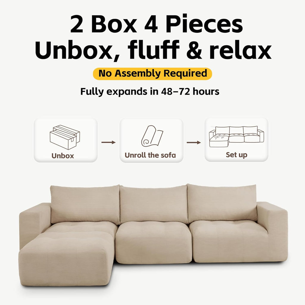 MCombo 121" Modular Sofa Couch, No Assembly Required, L Shaped Compressed Sectional Sofa with Ottoman, Deep Seat Upholstered Boneless Couch for Living Room, SS378 (Light Brown)