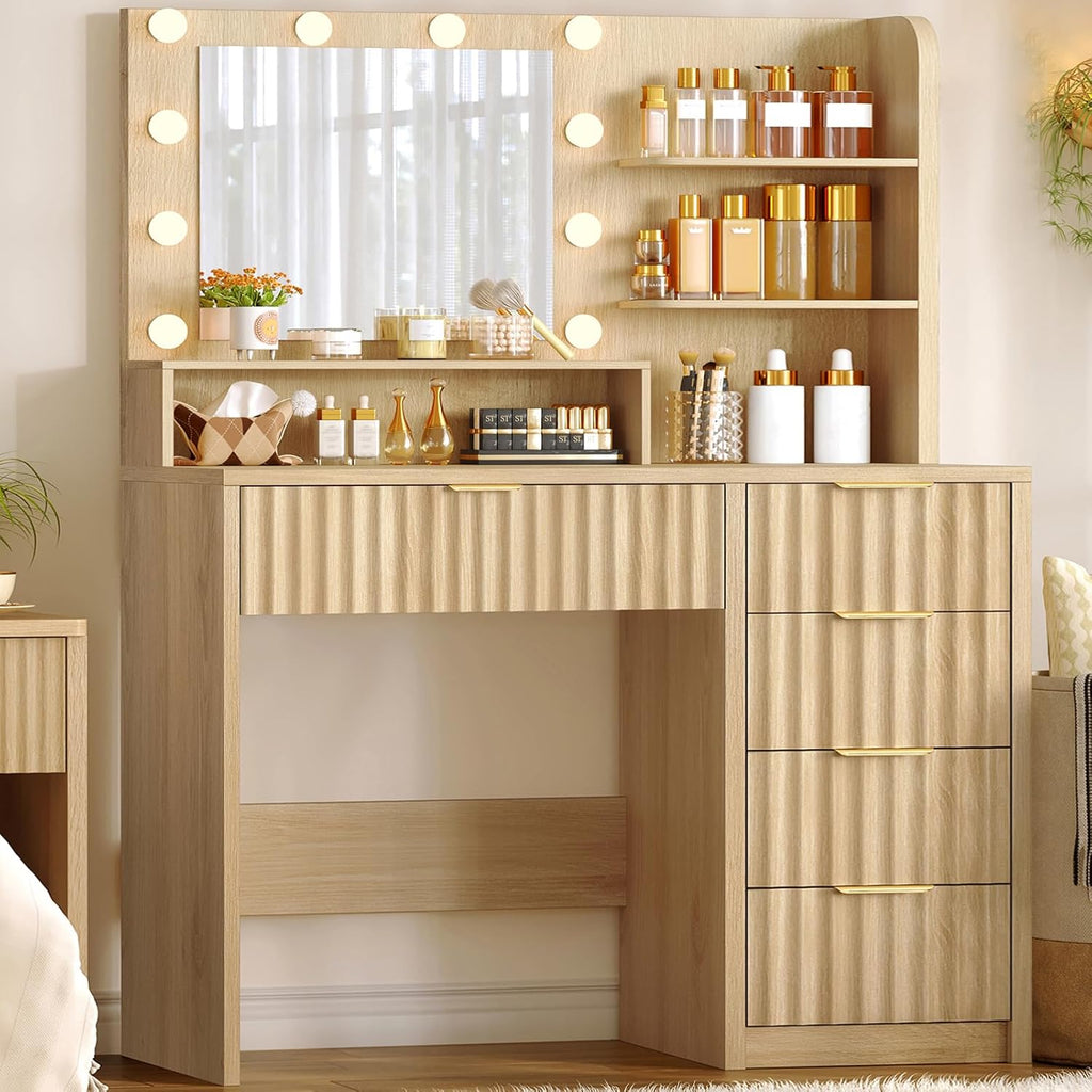 Vanity Desk with Mirror and Lights, Makeup Vanity with 5 Drawers & Storage Shelves, 3 Color Modes & Adjustable Brightness, Fluted Vanity for Girls, Natural