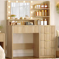 Vanity Desk with Mirror and Lights, Makeup Vanity with 5 Drawers & Storage Shelves, 3 Color Modes & Adjustable Brightness, Fluted Vanity for Girls, Natural