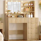 Vanity Desk with Mirror and Lights, Makeup Vanity with 5 Drawers & Storage Shelves, 3 Color Modes & Adjustable Brightness, Fluted Vanity for Girls, Natural
