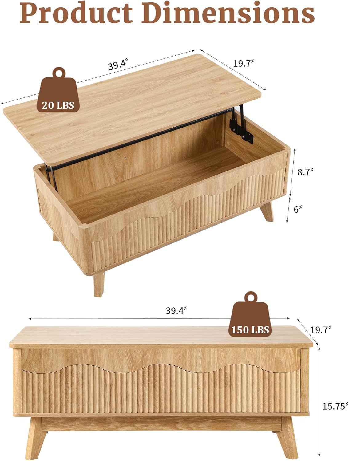 BERRYMERRY Lift Top Coffee Table with Hidden Storage, Farmhouse Fluted Coffee Table with Wave Profile, Rising Top Rectangular Center Table for Living Room (Natural Oak)