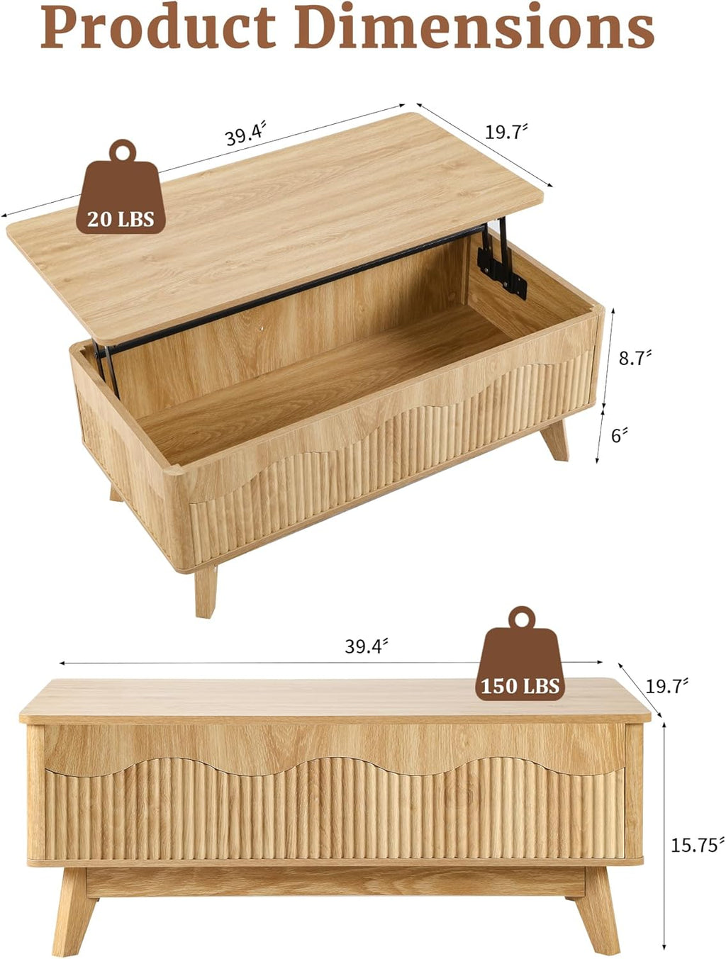 BERRYMERRY Lift Top Coffee Table with Hidden Storage, Farmhouse Fluted Coffee Table with Wave Profile, Rising Top Rectangular Center Table for Living Room (Natural Oak)