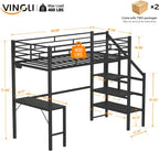 VINGLI Twin Loft Bed with Desk,15'' Extra High Safety Guardrail with 2 Charging Station,Heavy Duty Metal Loft Bed Frame with Staircase,LED Light, Kids/Teens/Adults,Black