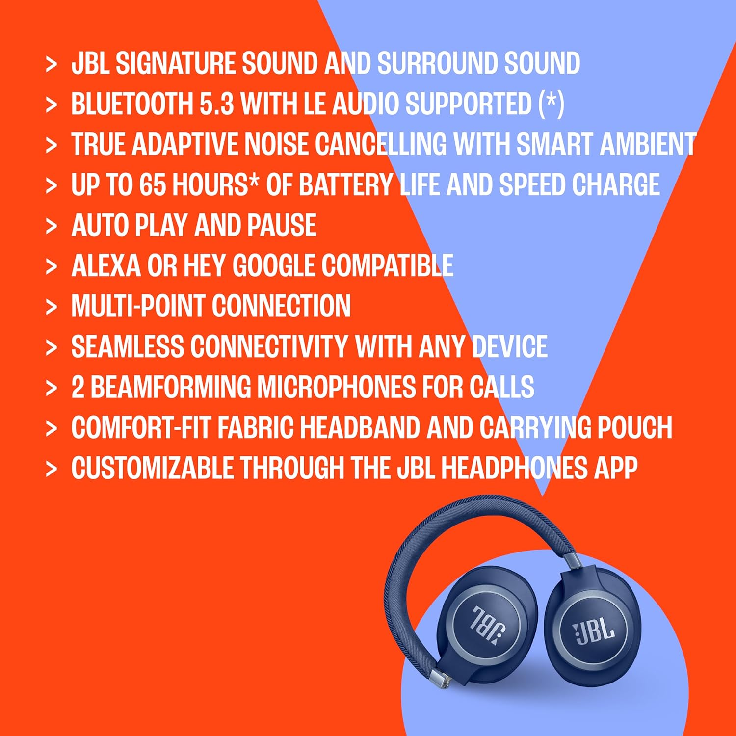 JBL Live 770NC - Wireless Over-Ear Headphones with True Adaptive Noise Cancelling with Smart Ambient  Up to 65 Hours of Battery Life  Comfort-fit Fabric Headband & Carrying Pouch (Black)