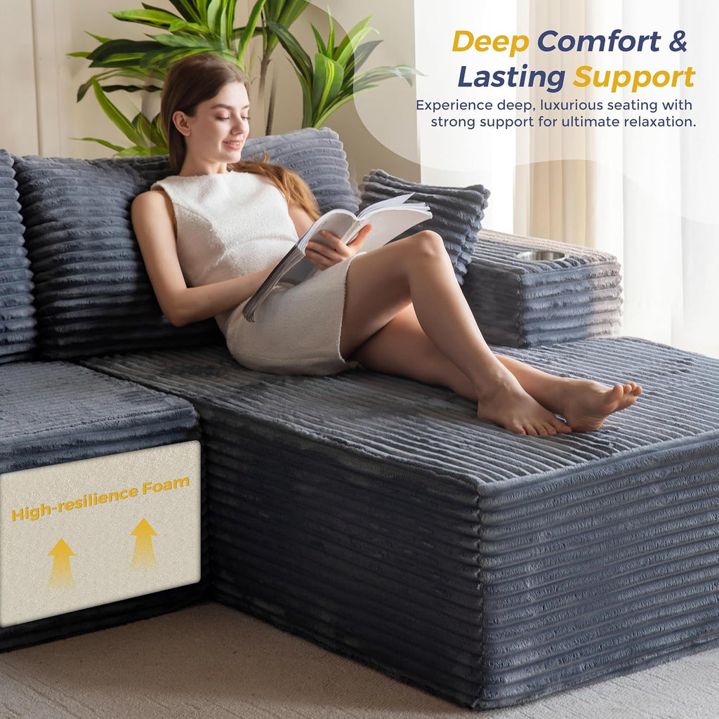 MAXYOYO 104" Modular Sectional Couch with L-Shape Chaise, Modern Boneless Couch for Living Room, Sofa in A Box, Oversized Sofa Sleeper with Deep Seat, No Assembly Required, Dark Grey
