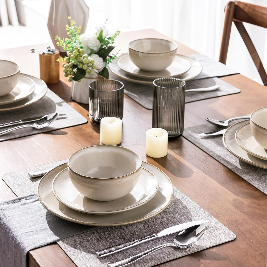 GBHOME Ceramic Dinnerware Sets for 4, 12 Pieces Stoneware Plates and Bowls Sets, Reactive Glaze Dishes -Scratch Resistant, Dishwasher&Microwave Safe-Cappuccino
