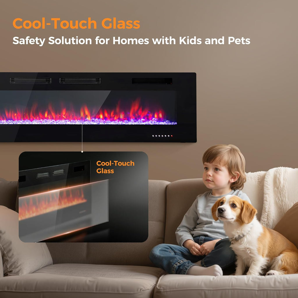GREEN PARTY 72" Electric Fireplace Recessed/Wall Mounted Ultrathin 3.2" Fireplace Heater, Low Noise Linear Fireplace with Remote Control/Touch Screen, 8hrs Timer, Adjustable Flame & Bed Colors & Speed