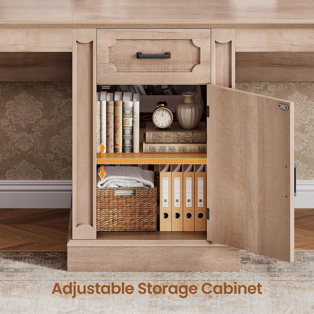 SEDETA Farmhouse 110.3" Two Person Desk with 7 Drawers, Long Computer Desk with Storage Cabinet, 2 Person Desk with Power Outlets for Home Office, Natural Oak
