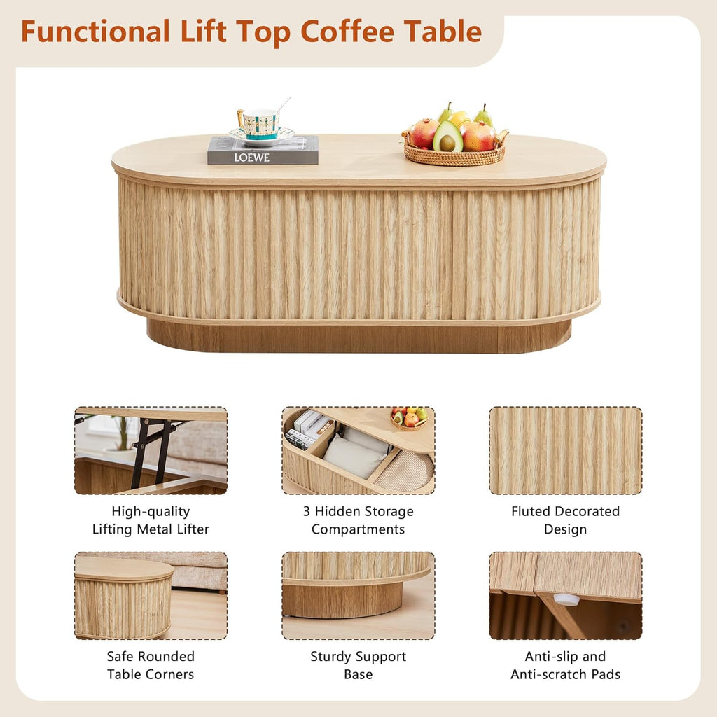 43.3''Lift Top Coffee Table with Storage,Oval Center Table with Hidden Compartment,Mid Century Modern Coffee Tables for Living Room,Fluted Wooden Lift Tabletop for Small Space Apartment Office,Natural