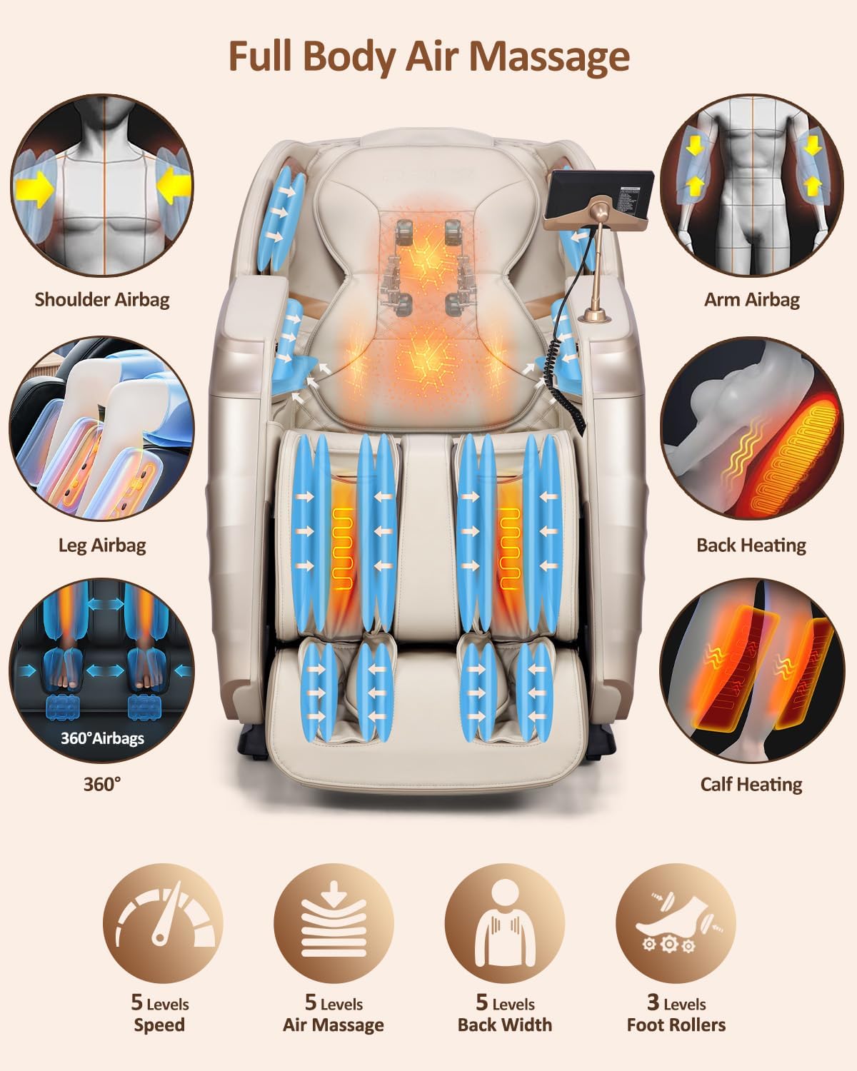 RELX Massage Chair Full Body, 20 Modes Zero Gravity SL-Track Shiatsu Massage Chair Built-in Heat System, Airbag Massage with Body Scan, Deep Yoga Stretch, Calfrest Extension and AI Control(Cream)