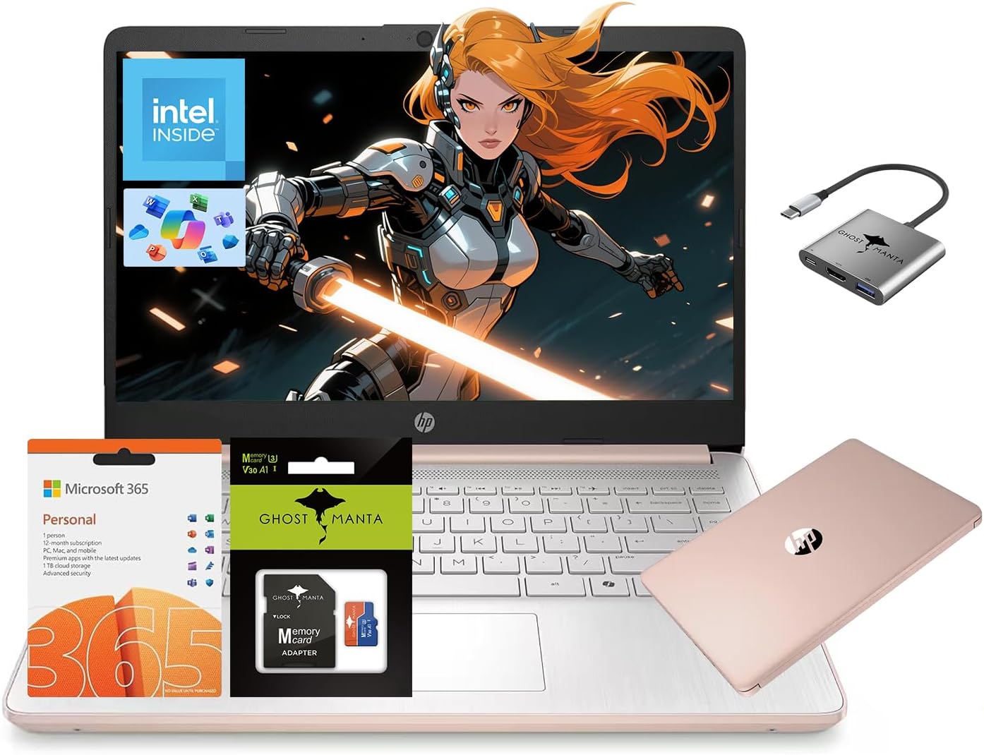 HP 14 Laptop  Quad-Core (Beat i3) 16GB RAM 256GB Storage(128GB UFS + 128GB SD Card) 1-Year Office 365 Copilot AI Computer for Student Study Back to School Win11 w/GM Accessory