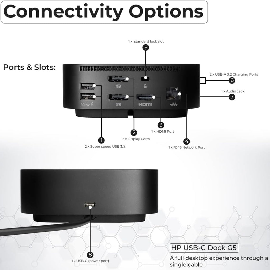 HP Docking Station for Laptop Dual Monitor and Charging Bundle - HP USB-C G5 Dock 5TW10AA / 5TW10UT / 5TW10AA#ABB with 120W Adapter  HDMI  DisplayPort  USB-C Cables & Microfiber Cleaning Cloth