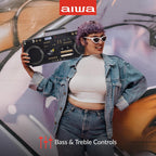 aiwa Retro Boombox CD Player with Cassette Recording  Bluetooth 5.0  FM/AM Radio  USB/SD/AUX Inputs  VU Meters  LCD Display  Dual 40W Speakers - Yellow