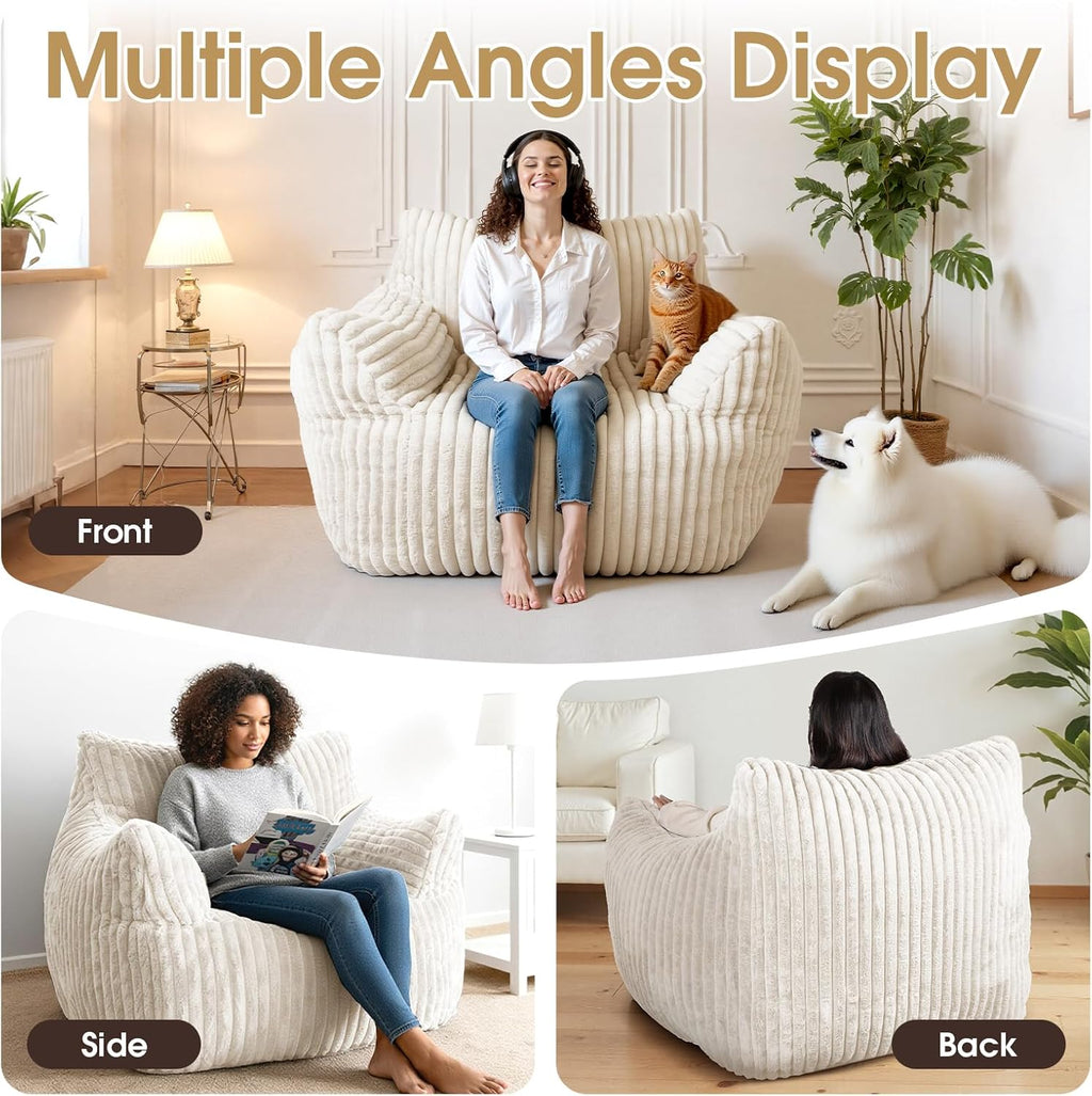 Giant Bean Bag Chair, Oversized Plush Comfy Bean Bag Sofa for Adults and Kids with Armrests, Memory Foam Mini Couch Single Lounges for Living Room, Bedroom & Game Room(Beige)