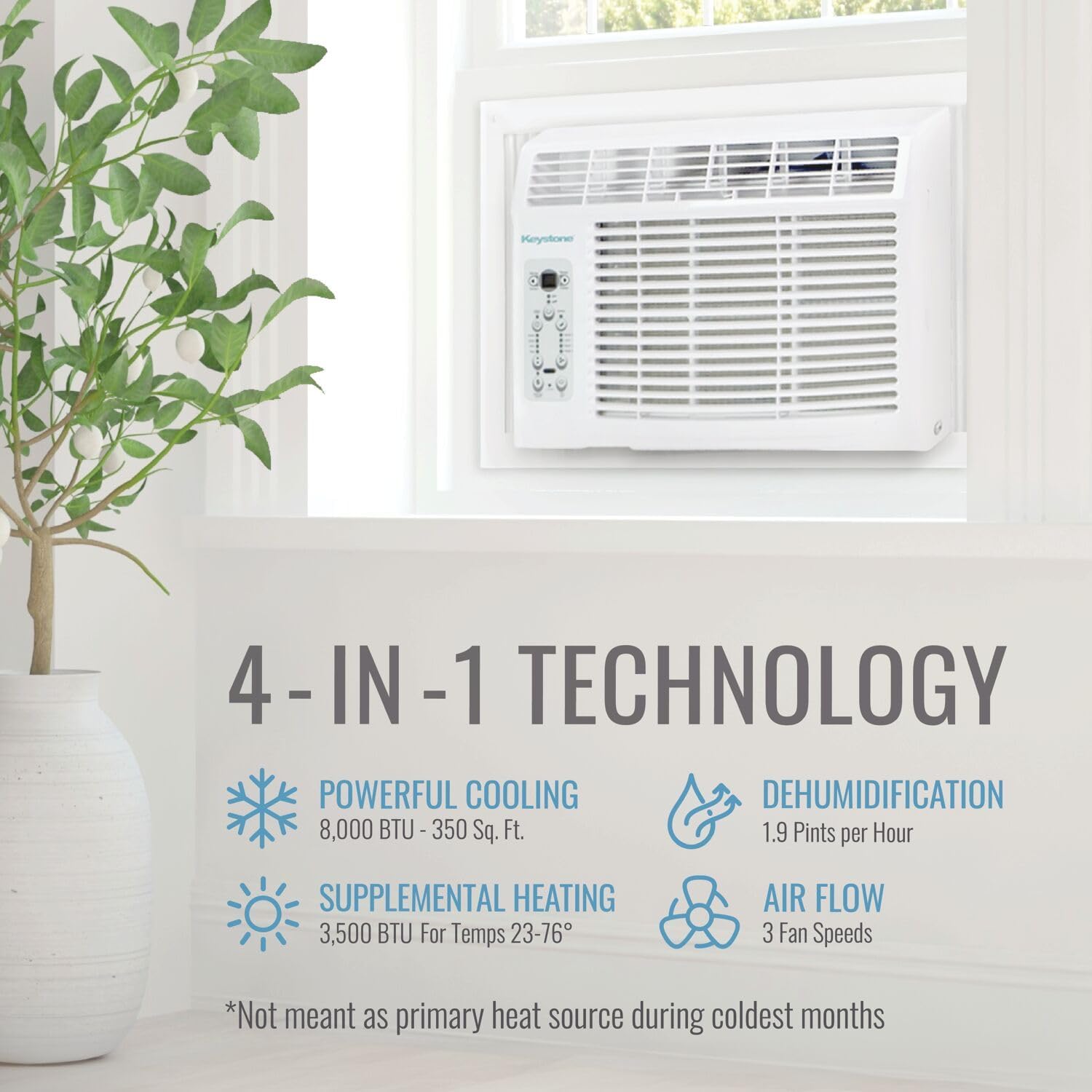 Keystone 8,000 BTU Window Air Conditioner with 3,500 BTU Supplemental Heating, 115V, Window AC Unit with Supplemental Heat for Bedroom, Living Room, Small-Medium Rooms up to 350 Sq.Ft.