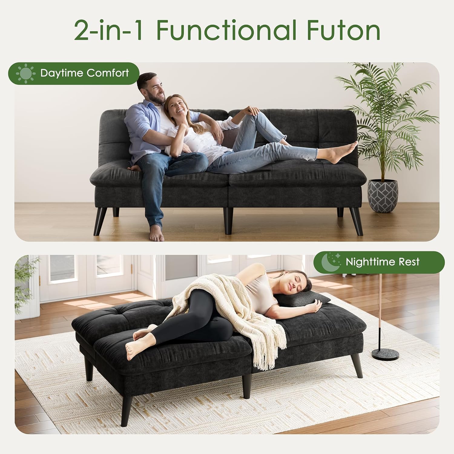 Vongrasig Futon Sofa Bed Velvet Futon Couch with Adjustable Backrest, Small Convertible Folding Sleeper Sofa Bed, Modern Loveseat for Living Room, Bedroom and Small Space, Black