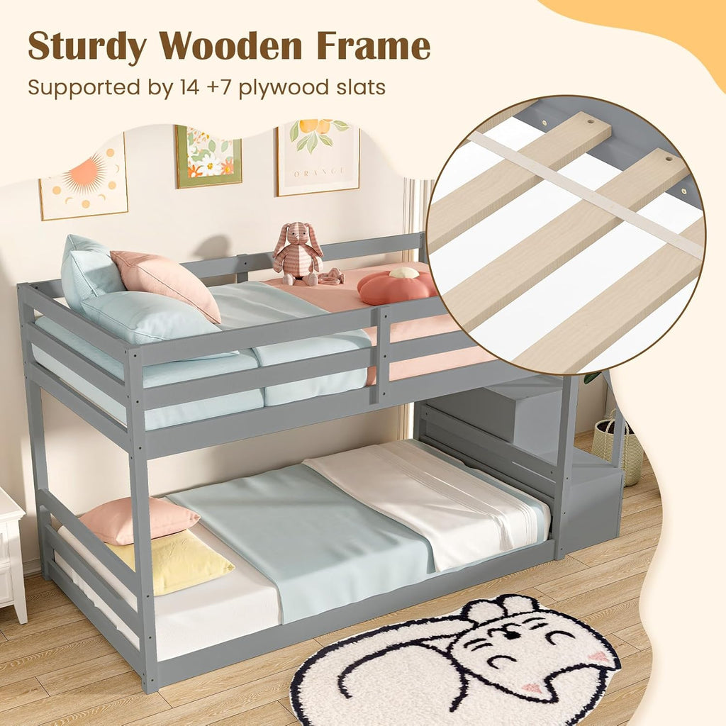 KOMFOTT Wood Twin Over Twin Low Bunk Bed with Storage Staircase, Wooden Bunk Bed Frame with Full-Length Guardrails, Low Profile Kids Bed with Slats Support, No Box Spring Needed (Grey)