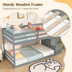 KOMFOTT Wood Twin Over Twin Low Bunk Bed with Storage Staircase, Wooden Bunk Bed Frame with Full-Length Guardrails, Low Profile Kids Bed with Slats Support, No Box Spring Needed (Grey)