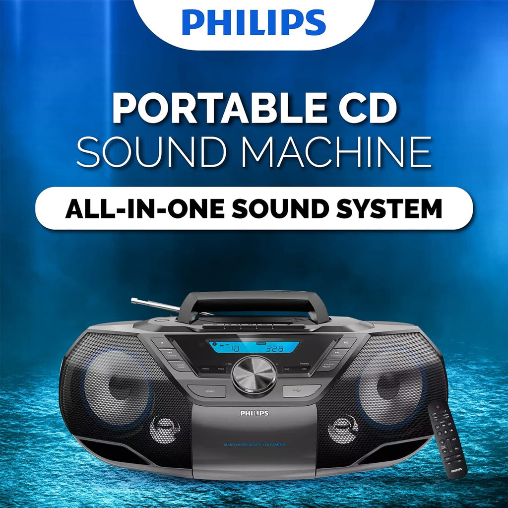 Philips Portable CD Player Boombox Bluetooth with Cassette Player All in one Powerful Stereo Boom Box CD Player for Home Mega Bass Reflex Speakers  Radio/USB/MP3/AUX Input with Backlight LCD Display
