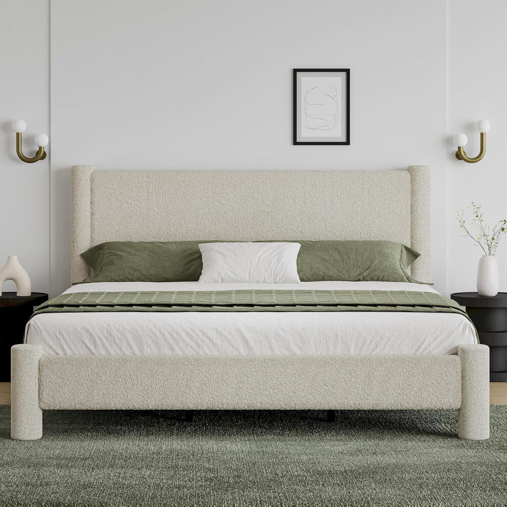 King Size Bed Frame, Boucle Bed Frame with Headborad, Soft Upholstered Platform Bed Frame with Rounded Corners, No Box Spring Required, Easy Assembly, Cream