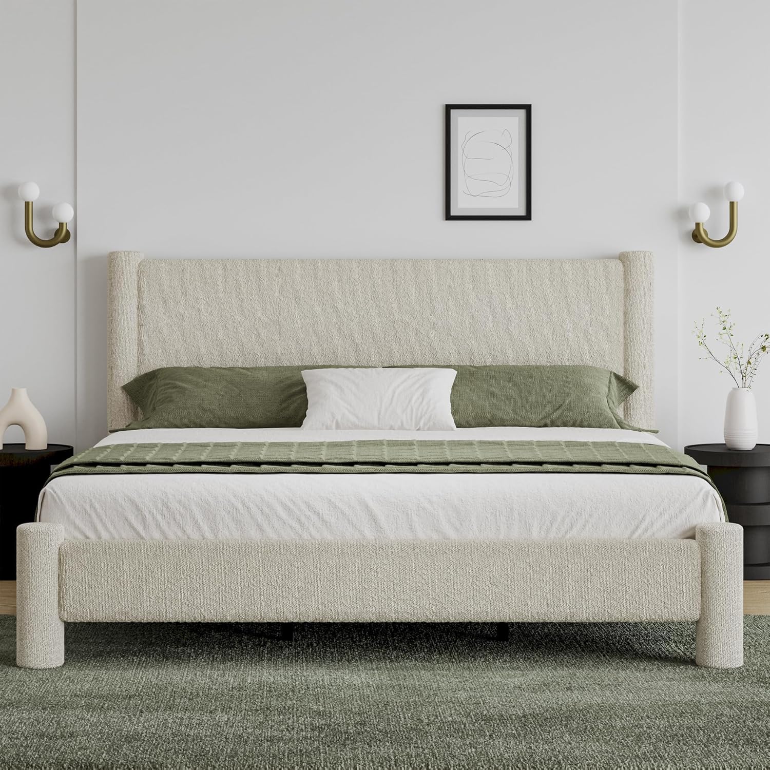 King Size Bed Frame, Boucle Bed Frame with Headborad, Soft Upholstered Platform Bed Frame with Rounded Corners, No Box Spring Required, Easy Assembly, Cream