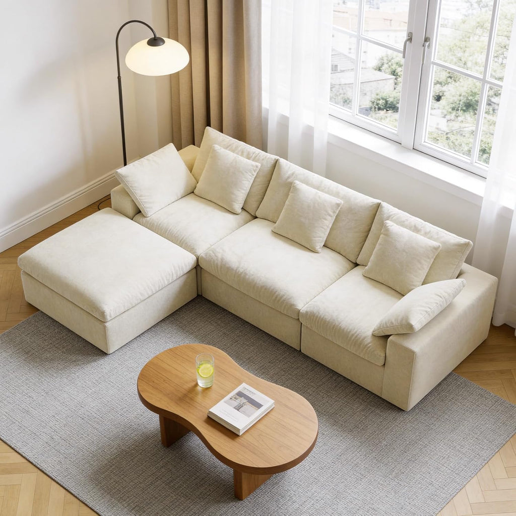 120" L-Shaped Boneless Cloud Couch, Modular Sectional Sofa with Ottoman and Extra-Wide Armrests, Deep Seat Sectional Couches for Living Room, 35D High-Density Foam, No Assembly Required, Beige