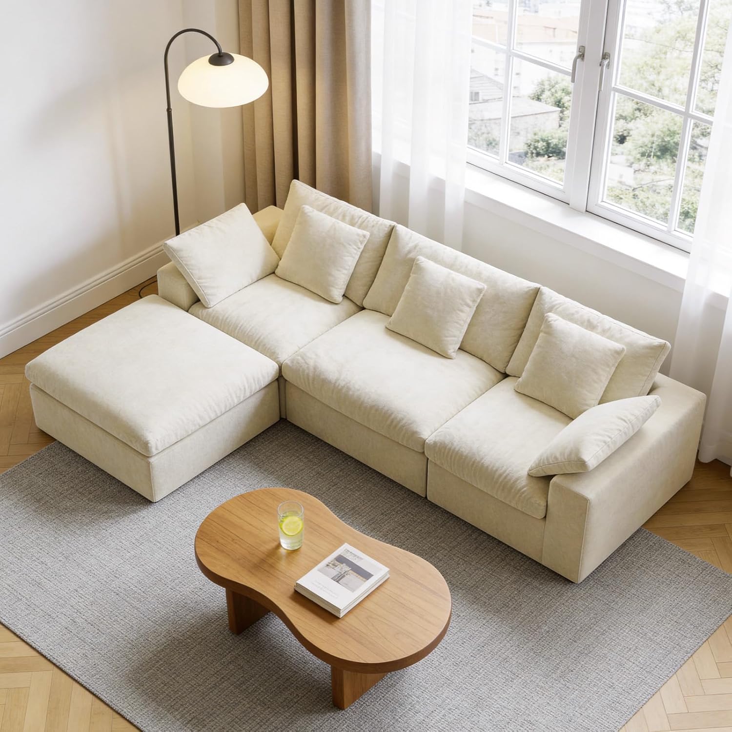 120" L-Shaped Boneless Cloud Couch, Modular Sectional Sofa with Ottoman and Extra-Wide Armrests, Deep Seat Sectional Couches for Living Room, 35D High-Density Foam, No Assembly Required, Beige