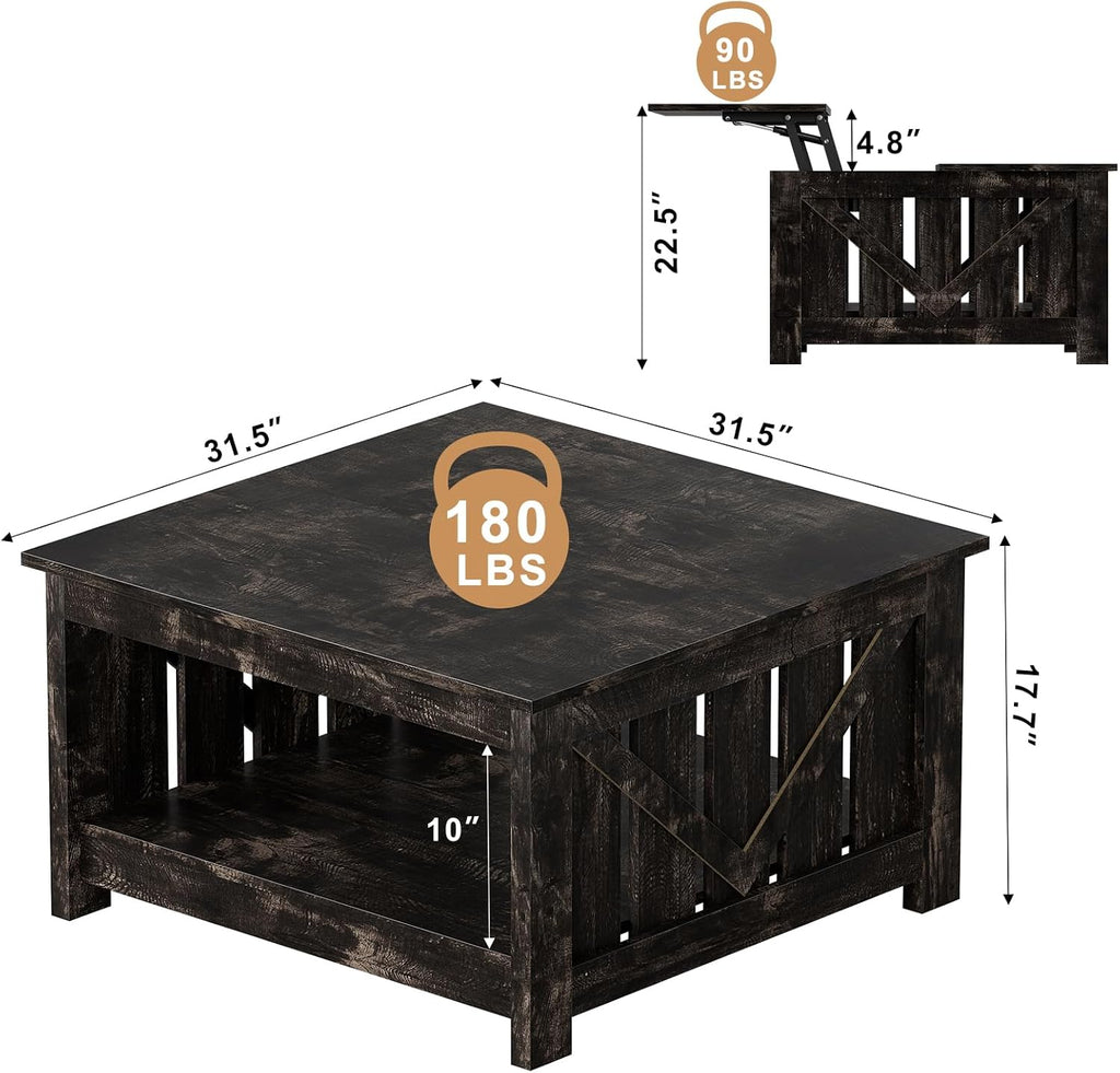 FABATO Lift Top Coffee Table, 31.5" Farmhouse Coffee Tables with Storage, Small Square Cocktail Tables, Wood Central Table for Living Room, Meeting Room, Black Oak