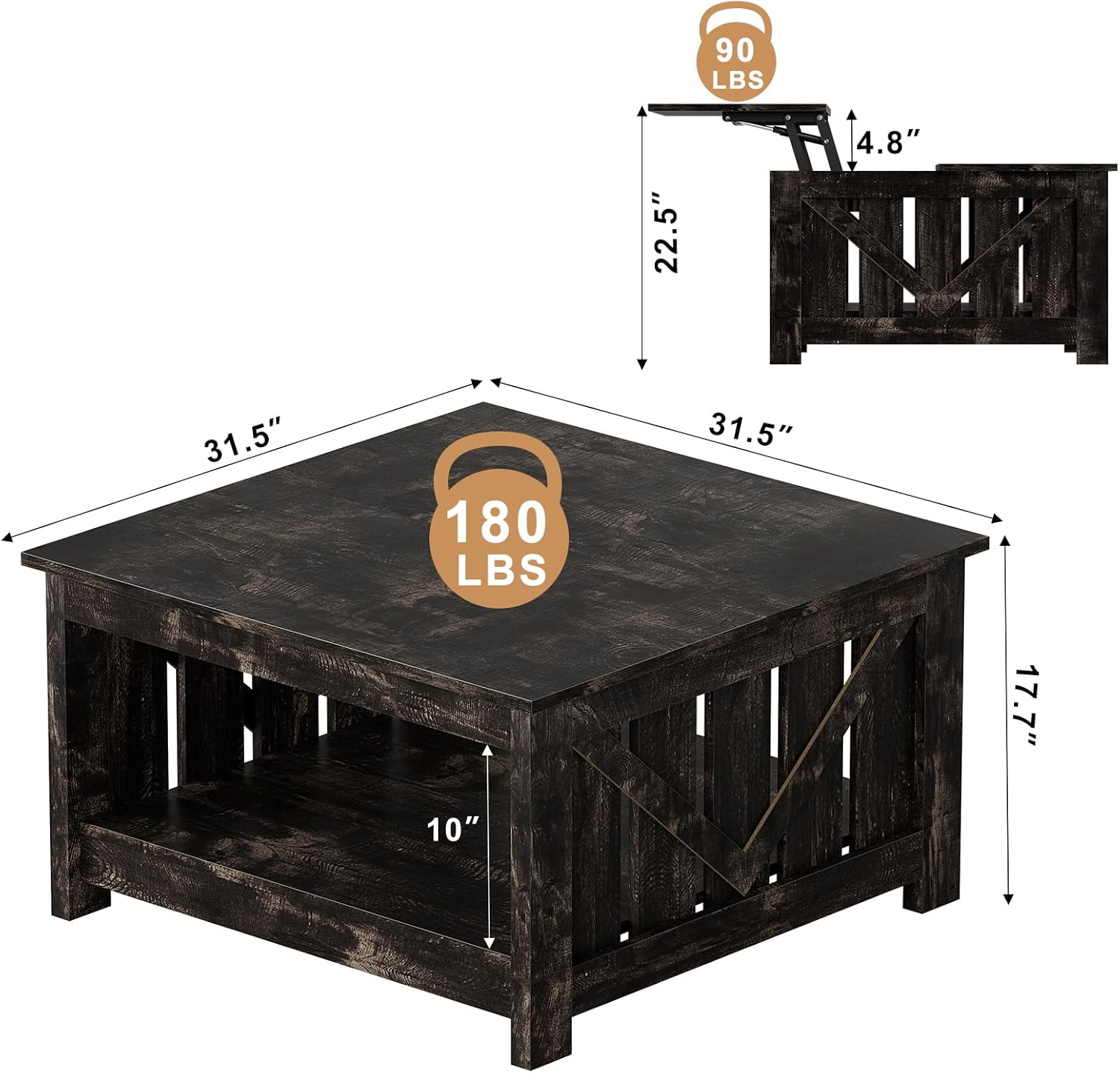 FABATO Lift Top Coffee Table, 31.5" Farmhouse Coffee Tables with Storage, Small Square Cocktail Tables, Wood Central Table for Living Room, Meeting Room, Black Oak