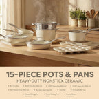 Gotham Steel Hammered 15Pcs Ceramic Cookware Set Nonstick, Induction Pots and Pans Set Non Stick with Bakeware Set & Steamer for Cooking, Non Toxic PFOA PFOS Free, Oven & Dishwasher Safe, Cream White