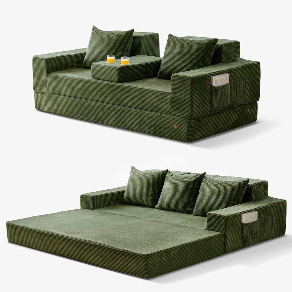 MAXYOYO Convertible Sofa Bed, 80" Oversized Boneless Loveseat Couch 4 in 1 Foldable Floor Sofa Couch in A Box with 2 Cup Holders, Folding Sleeper Chair for Living Room, No Assembly Required, Green