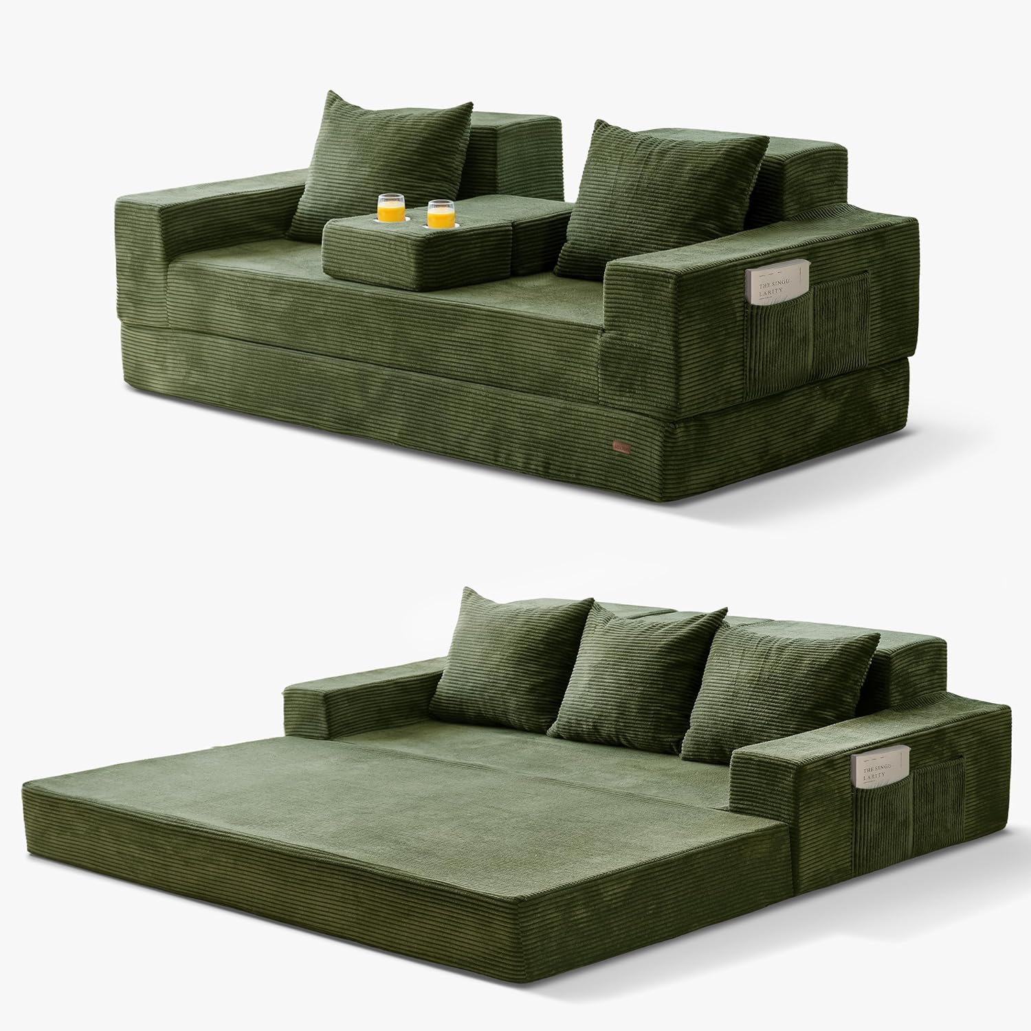 MAXYOYO Convertible Sofa Bed, 80" Oversized Boneless Loveseat Couch 4 in 1 Foldable Floor Sofa Couch in A Box with 2 Cup Holders, Folding Sleeper Chair for Living Room, No Assembly Required, Green