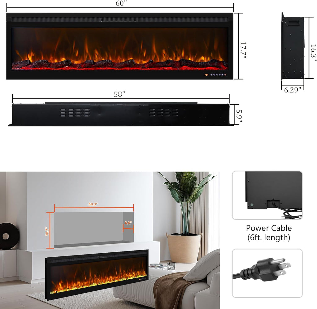 60 Inch Smart WiFi Infrared Electric Fireplace Realistic Flame, 169 Flame Color Combinations,App/Remote Control, Logs & Crystals,750W/1500W Heater, Black