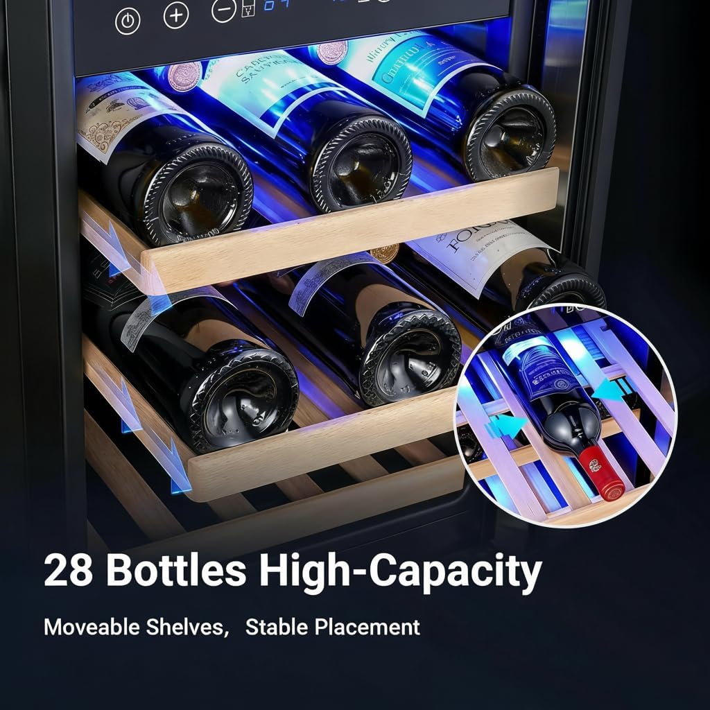 AAOBOSI 15 inch Dual Zone Wine Fridge, 28 Bottles Built-in or Freestanding Fridge,41-64°F Wine Cooler with Professional Compressor .Low Noise and No Fog