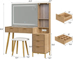 47.2'' Fluted Makeup Vanity with LED Mirror, 5 Drawers Vanity Desk with Charging Station, Jewelry Storage Cabinet, 3 Lighting Modes, Glass Top Vanity with Chair for Bedroom, Natural