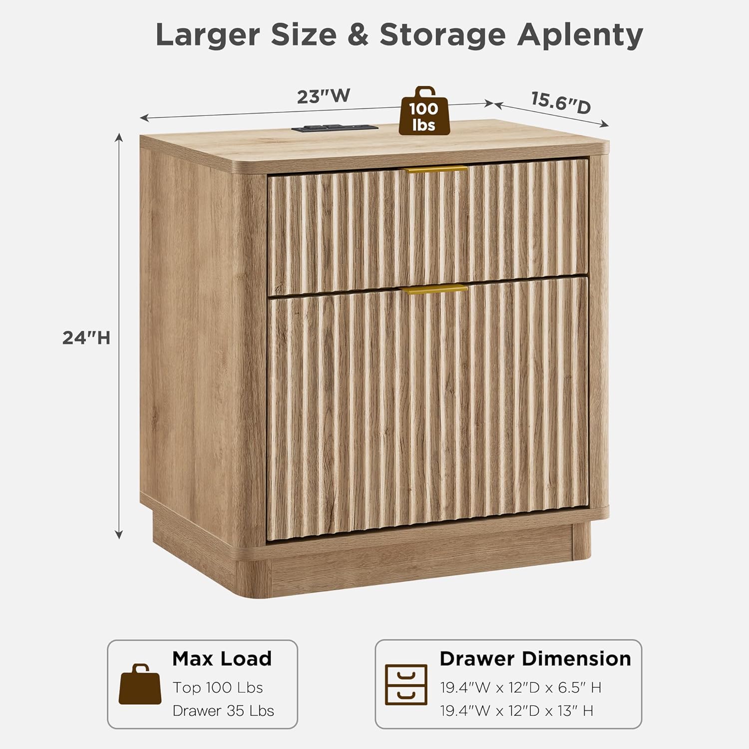 T4TREAM 23'' Fluted Nightstand with Charging Station, Large 2 Drawer Bedside Table, Modern End Table with Storage, Mid Century Night Stand for Bedroom, Living Room, Curved Profile, Natural Oak