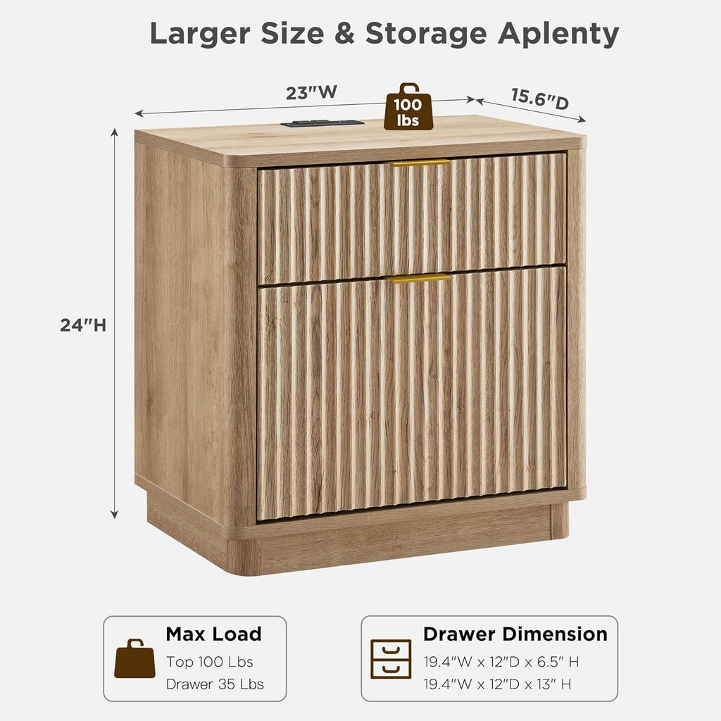 T4TREAM 23'' Fluted Nightstand Set of 2 with Charging Station, Large 2 Drawer Bedside Table, Modern End Table with Storage, Mid Century Night Stand for Bedroom Living Room, Curved Profile, Natural Oak