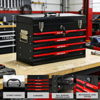 4 Drawers Tool Box, 21" Portable Steel Tool Chest with Top Tool Tray,Key Lock & Latch Closure,Liners,Handle,Ball Bearing Sides, Portable Tool Storage Organizer for Garage Workshop (Black)