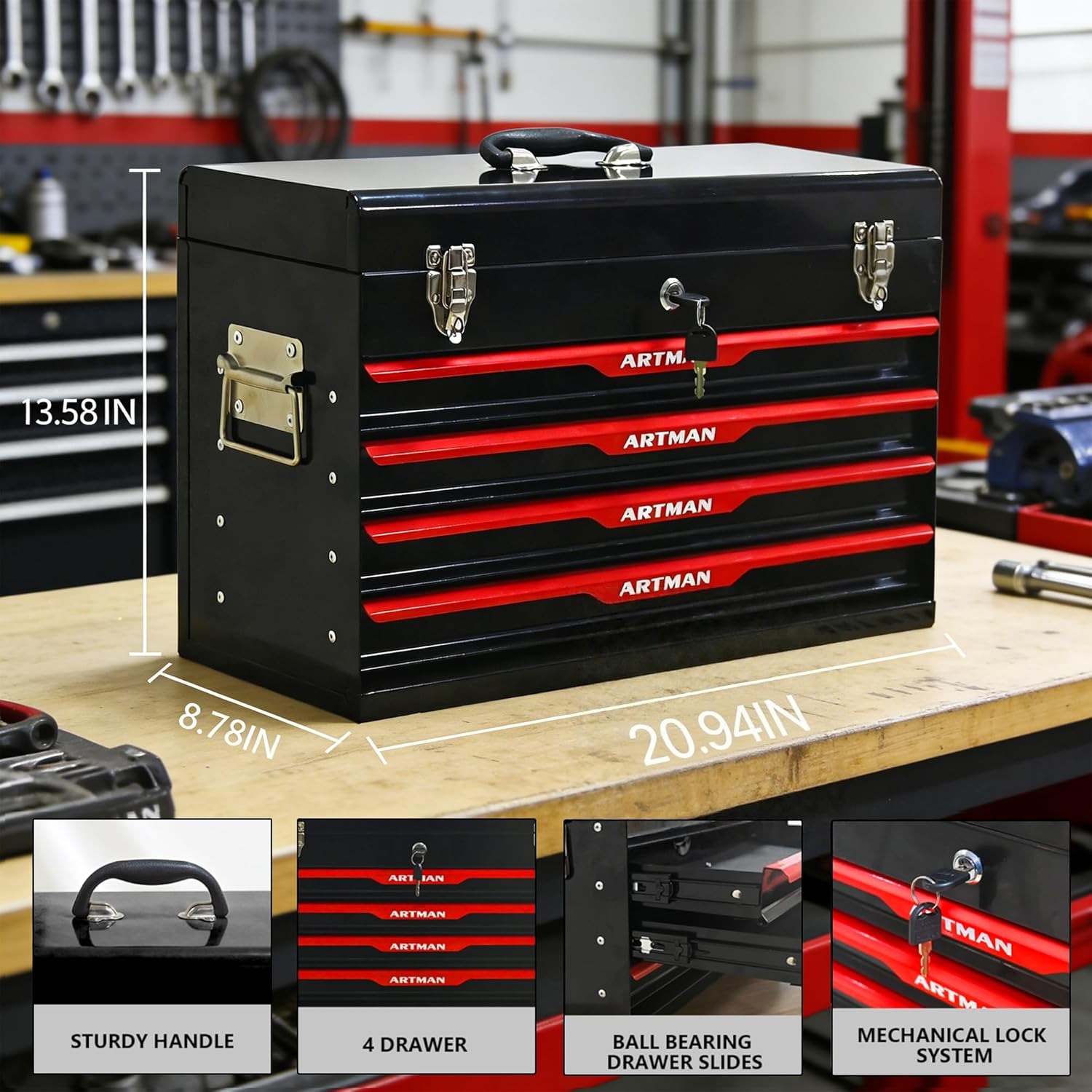 4 Drawers Tool Box, 21" Portable Steel Tool Chest with Top Tool Tray,Key Lock & Latch Closure,Liners,Handle,Ball Bearing Sides, Portable Tool Storage Organizer for Garage Workshop (Black)