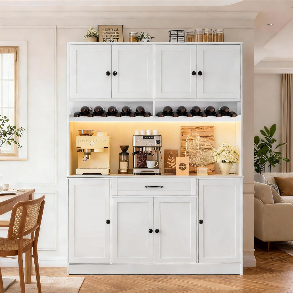 72" Tall Pantry Storage Cabinet with LED Light 55" Wide Kitchen Pantry Cabinet with Charging Station and Adjustable Shelves Modern Kitchen Hutch with Wine Rack and Large Countertop White