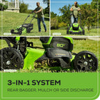 Greenworks 80V 21” Brushless (Self-Propelled) Cordless Electric Lawn Mower + (580 CFM) Axial Leaf Blower (75+ Compatible Tools)  4.0Ah Battery and 60 Minute Rapid Charger  Green and Black