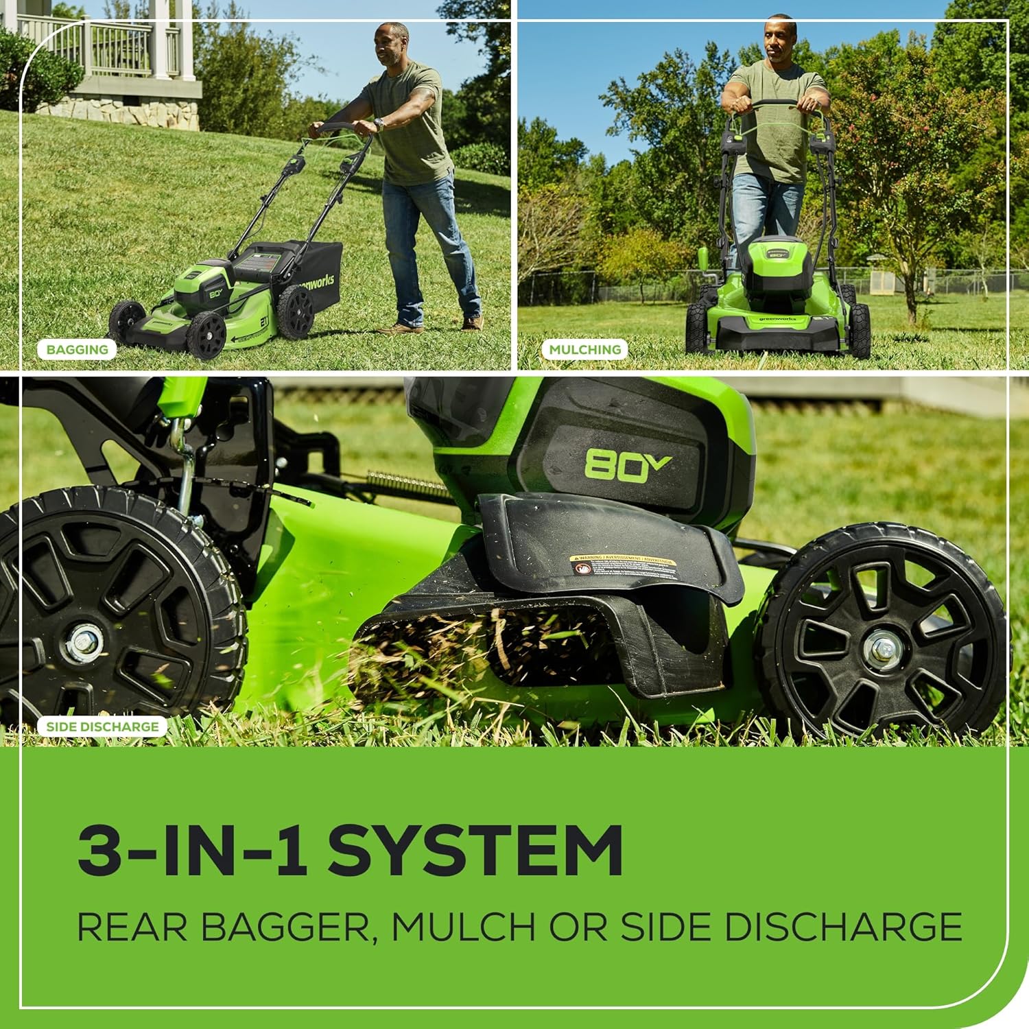Greenworks 80V 21” Brushless (Self-Propelled) Cordless Electric Lawn Mower + (580 CFM) Axial Leaf Blower (75+ Compatible Tools)  4.0Ah Battery and 60 Minute Rapid Charger  Green and Black