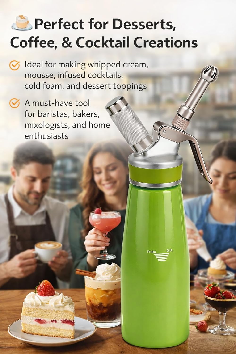 Whipped Cream Dispenser–Double Wall Insulated Aluminum Water Bottle with Stainless Steel 3 Nozzles, Extra-Large Capacity Whipping Cream Maker for Desserts, Coffee, Cocktails More-500Ml-Pink