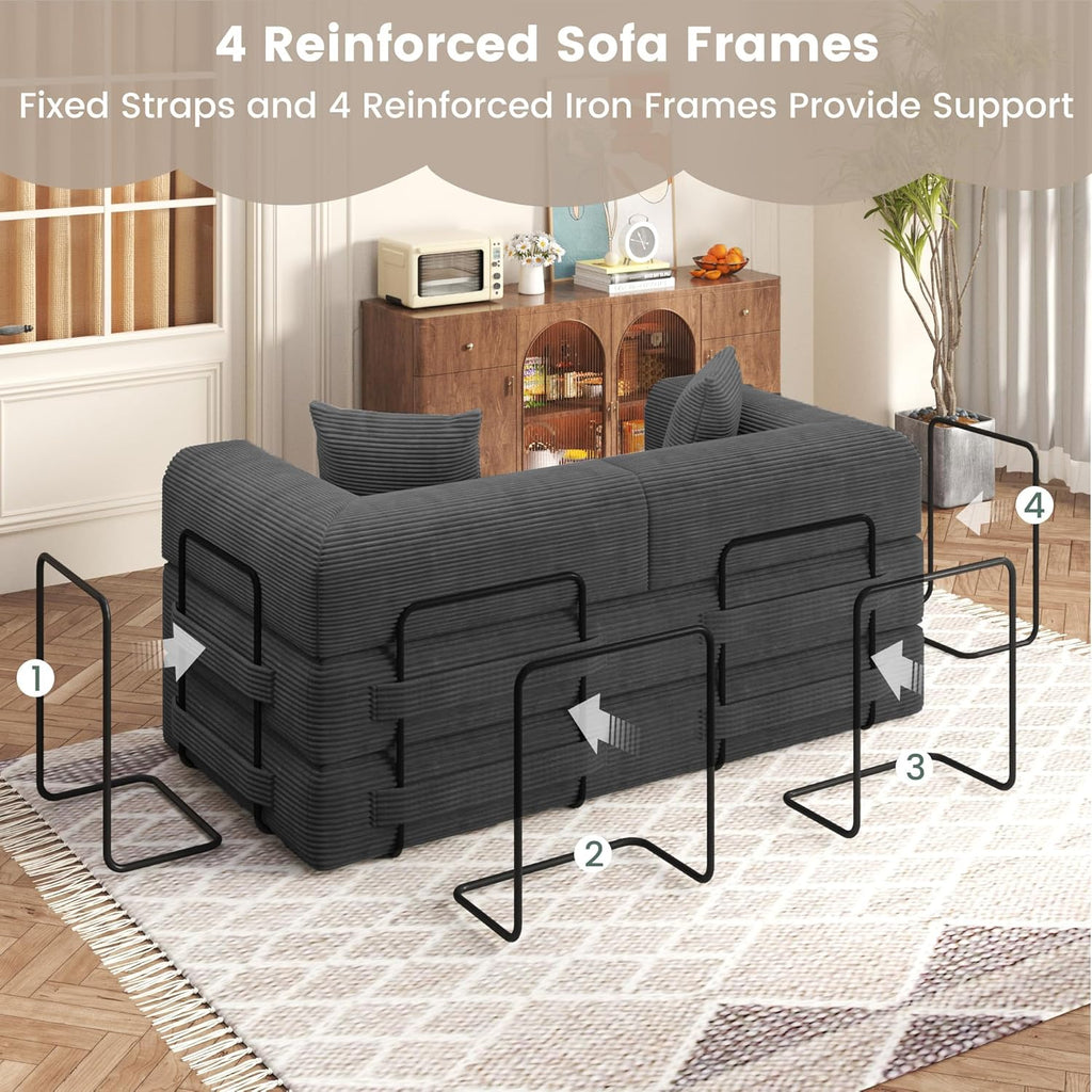 80" Convertible Sofa Bed, 5 in 1 Modular Boneless Couch Sleeper Sofa Bed with Fixed Frame & Removable Backrest Pillow, Washable Corduroy Futon Sofa Bed Couch in a Box for Small Spaces, Dark Grey