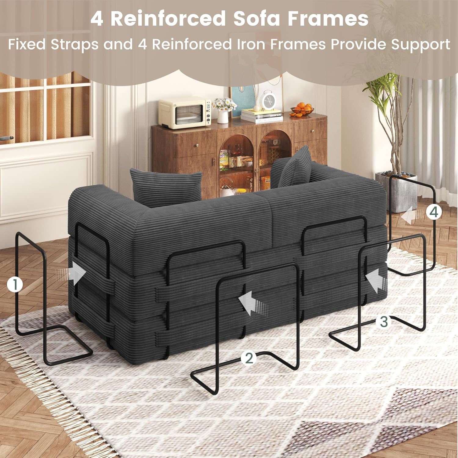 80" Convertible Sofa Bed, 5 in 1 Modular Boneless Couch Sleeper Sofa Bed with Fixed Frame & Removable Backrest Pillow, Washable Corduroy Futon Sofa Bed Couch in a Box for Small Spaces, Dark Grey