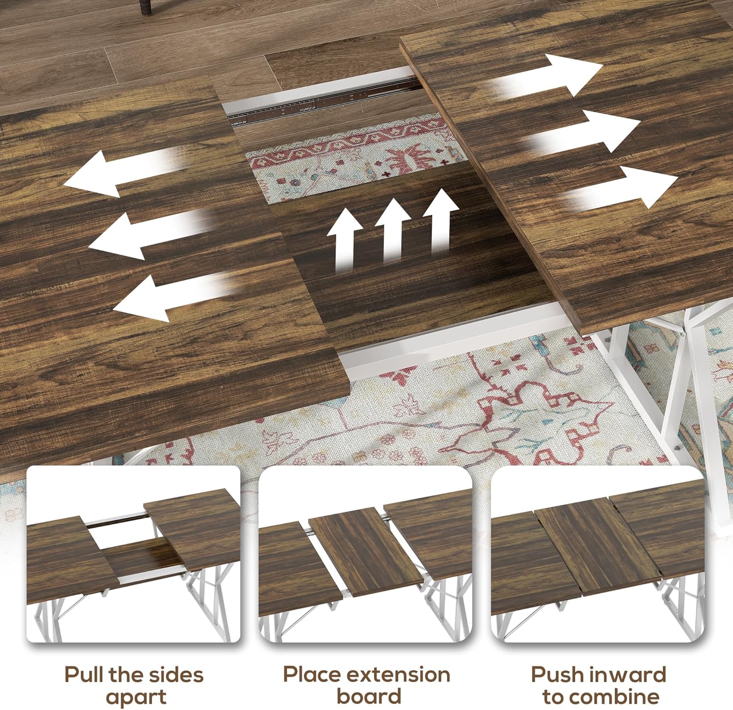 HOMCOM 47"-63" Expandable Dining Table for 4-6 People, Farmhouse Dinner Table with Heavy Duty Metal Trestle Base, Rectangle Kitchen Desk, Distressed Brown